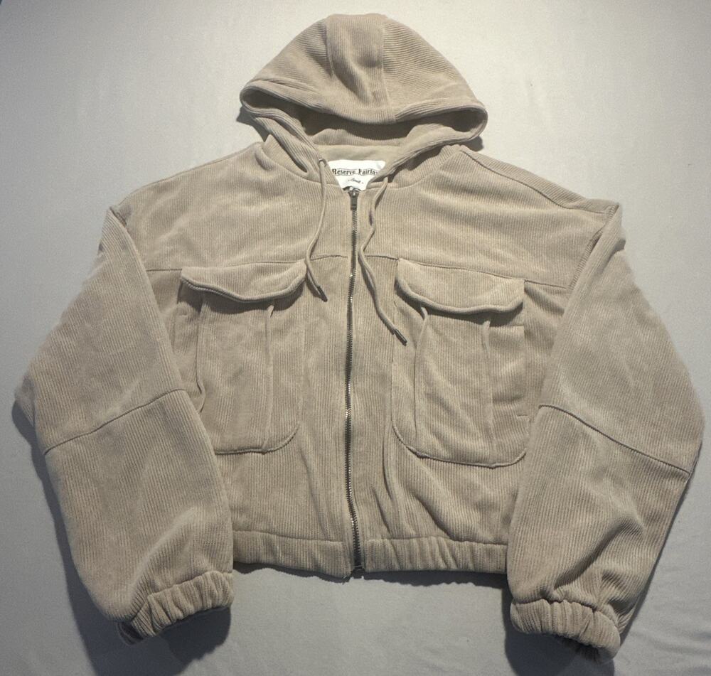 Reserve Fairfax Women’s Cropped Hooded Full Zip Jacket Hoodie Tan Size Small
